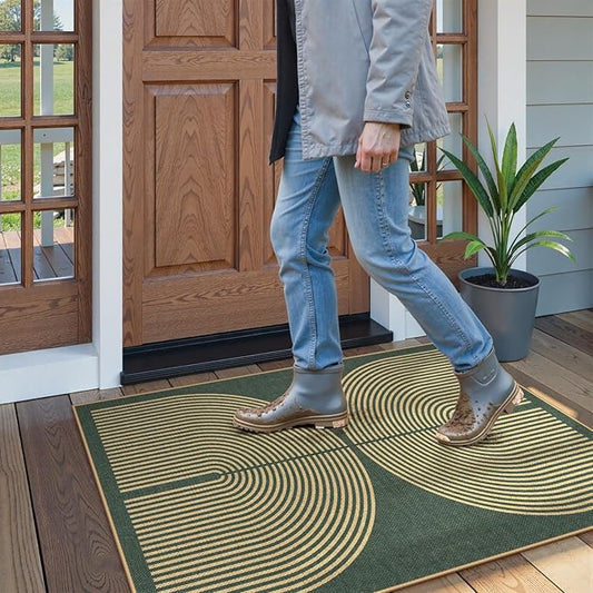 Lahome Modern Rainbow Easy Jute Entry Rug, 3x5 Washable Outdoor Patio Porch Rug, Farmhouse Non Slip Non Shedding Dark Green Carpet for Dorm Living Room Deck Front Door Kitchen