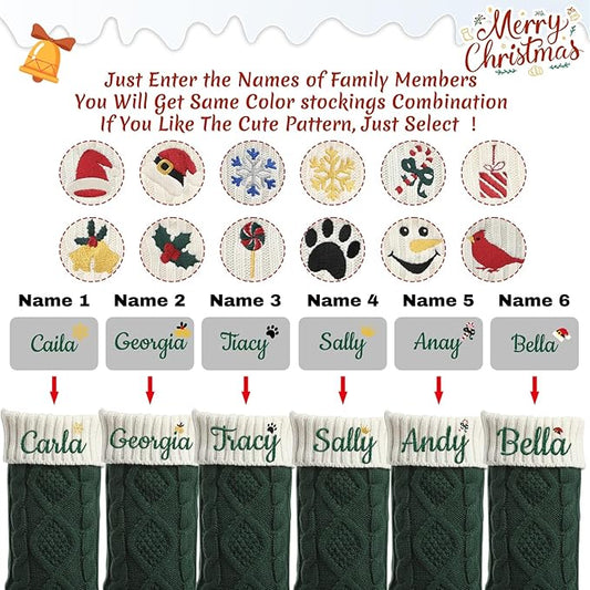 Personalized Christmas Stockings,Custom Embroidered Name+Logo Xmas Knitted Stockings 18'',Holiday and Family Stocking for Fireplace Christmas Holiday Party Decoration 1-6Pack(Green White)