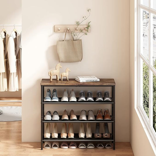 Shoe Rack Organizer 5 Tier Metal Organizer Shelf with Industrial MDF Board and Layer Fabric for Entryway Closet Bedroom Living Room Garage,Black & Rustic Brown (Black+Rustic Brown, 4 Tier)
