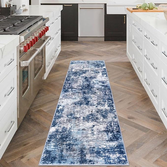Modern Abstract Runner Rug 2x6, Grey Navy Blue Colorful Washable Kitchen Runner Non-Slip Soft Hallway Rug Runner Thin Print Faux Wool Carpet for Entryway Bedroom Laundry Room Indoor Home Decor
