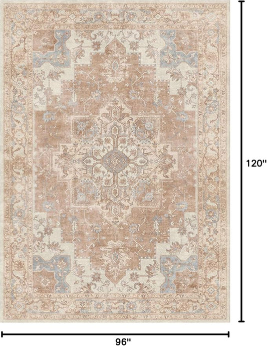 GENIMO 8x10 Area Rugs for Living Room, Machine Washable Non Slip Vintage Retro Rugs, Low Pile Lightweight Chenille Print Rug for Bedroom, Dining Room, Home Office, Orange