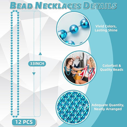 YAXINRUI 12 PCS Teal Bead Necklaces, Teal Mardi Gras Beads, 33 Inch Beaded Necklaces School Spirit Day Necklace for Mardi Gras Party Christmas Festive Events, Party Favors