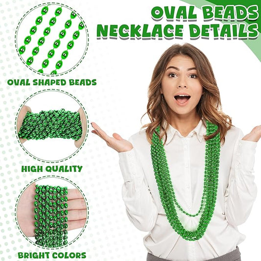 24PCS Oval Green Necklace, St Patricks Day Beaded Necklace Metallic Bead Green Accessories, Mardi Gras Beads Costume for Parade Throw Accessories Wedding Birthday St. Patricks Christmas Decorations