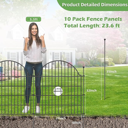 Decorative Metal Garden Fence 10 Panels, 32in (H) x 23.6ft (L) No Dig Dog Fence Outdoor for Yard, Temporary Rustproof Metal Wire Rabbit Dog Garden Border Fencing for Patio