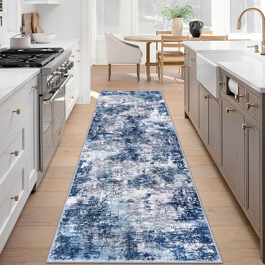 Modern Abstract Hallway Runner Rug, Grey Navy Blue 3x8 Runner Rug, Washable Kitchen Runner Non-Slip Soft Thin Print Faux Wool Carpet for Entryway Bedroom Laundry Room Indoor