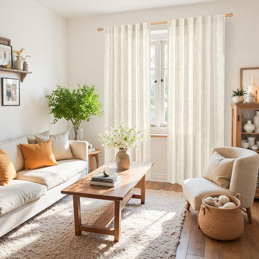 YoungsTex Extre Long Linen Curtains 102 Inch Length for Living Room, Semi Sheer Window Drapes with Rod Pocket Back Tab Light Filtering for Farmhouse Bedroom, 2 Panels, 52 X 102 Inch