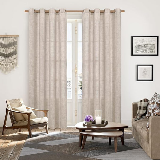 YoungsTex Linen Curtains 80 Inches Length 2 Panels for Living Room, Semi Sheer Drapes with Bronze Grommet Light Filtering for Living Room Bedroom Rustic Farmhouse Lightweight, 52 x 80 Inch