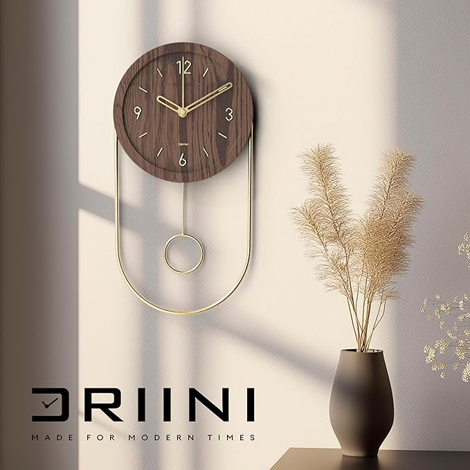 Driini Decorative Wall Clock with Pendulum (Dark) – Modern Wood, 3D Gold Numbers, Metal Frame – Small, Unique Wall Clocks for Living Room Decor or Bathroom - Battery Operated, Silent, Non-Ticking