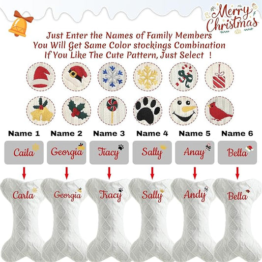 Personalized Christmas Stockings for Dogs,Custom Embroidered Name+Logo Xmas Knitted Bone Stockings,Holiday and Family Stocking for Fireplace Christmas Holiday Party Decoration 1-6Pack(White)