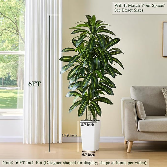 Artificial Dracaena Tree:6FT Faux Silk Tropical Yucca Floor Trees Realistic Fake Green Plant with Natural Wood Trunk & Lifelike Leaves for Home Office Decor Indoor & Outdoor (6FT,1-Pack,White)