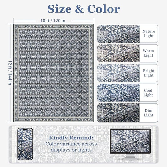 Dark Blue Big Rug 10x12, Carpet Large Size 10x12 for Living Room Bedroom, Washable Non Slip Low Pile Thin Room Rug for Dining Room Family Room, Transitional Moroccan Floral Trellis