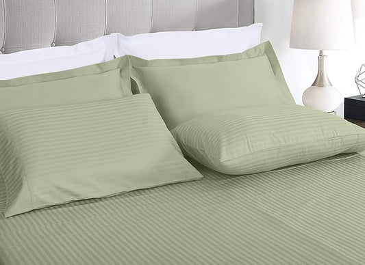 Threadmill 100% Cotton Sheets for Full Size Bed - 600 Thread Count Full Bed Sheets Set with 16” Deep Pocket - Damask Stripe Sateen Weave 4-Piece Bedding Set with Cooling Effect, Sage Green