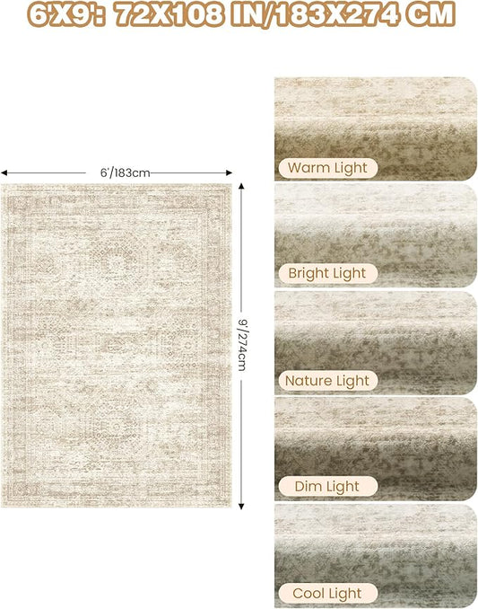6x9 Rug for Living Room,Soft Low Pile Indoor Washable Rugs for Bedroom, Non-Slip Backing Vintage Large Area Rug, Printed Abstract Carpet(6'x9', Beige/Ivory)