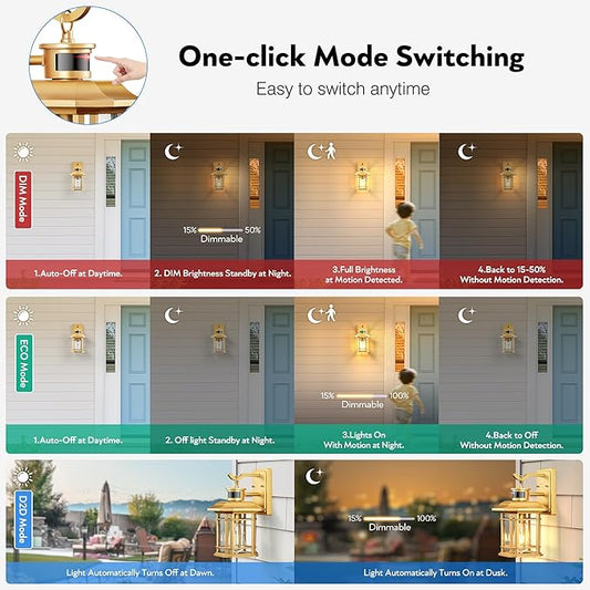 VIANIS Motion Sensor Porch Light, Gold Outdoor Light Fixture Dusk to Dawn, Outdoor Motion Sensor Light Wall Mount, Waterproof, Weather Resistant Carriage Lantern for House, Garage, Front Door