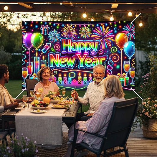Happy New Year Backdrop 71x43 Inch Neon Style Party Banner Colorful Fireworks Balloons Candles Gift Box Design Large New Year Eve Photo Booth Background Wall Decor