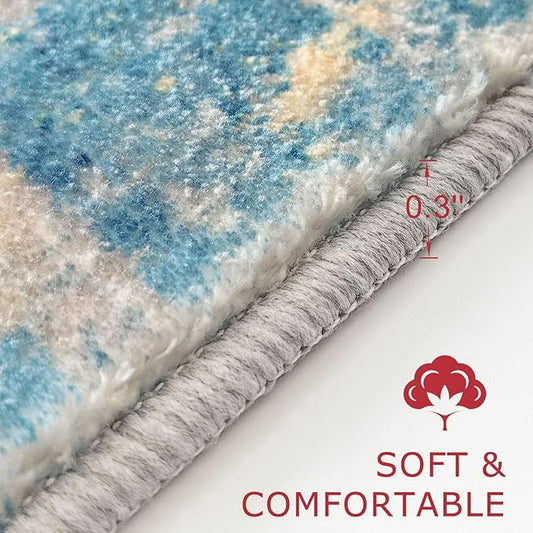KOZYFLY Modern Abstract Area Rugs 8x10 Turquoise/Beige/Grey/Yellow Machine Washable Thin Rug for Bedroom Non-Slip Living Room Rug, Faux Wool Soft Low Pile Carpet for Dining Room, Bedroom, Bathroom