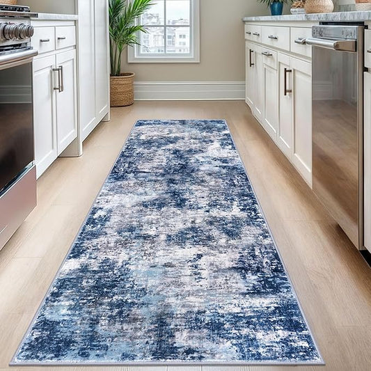 Modern Abstract Hallway Runner Rug, Grey Navy Blue 2.6x8 Runner Rug, Washable Kitchen Runner Non-Slip Soft Thin Print Faux Wool Carpet for Entryway Bedroom Laundry Room Indoor