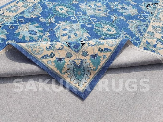 Turkish Oushak – Classic Handcrafted Carpet with Vintage Pattern, Ideal for Bedroom, Living Room & Elegant Décor(Sky Blue, 6' Round)