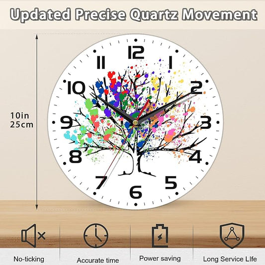 Tree of Life Wall Clocks Wooden Wall Clock Art Hanging Clocks Silent Non-Ticking Wall Clock Battery Operated Round Home Arabic Numeral Decorative Wall Clocks 10 Inch