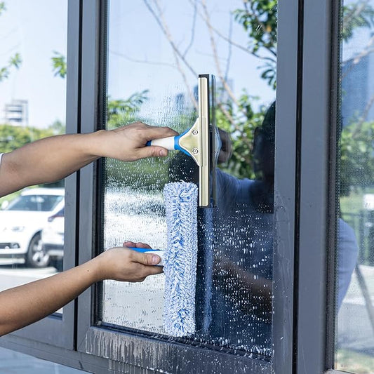 Professional Window Cleaning Kit 10IN, All-in-one Windows Cleaner Tool with Silicone Rubber Squeegee, Microfiber Scrubber & Cloth, Household Cleaning Supplies, Streak-Free Results