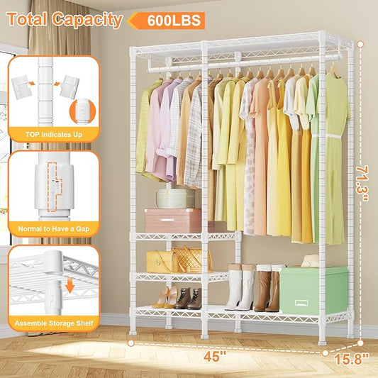 Ulif F4 Heavy Duty Clothes Rack (With Hanger Rod) Freestanding Clothing Racks for Hanging Clothes,Adjustable Closet Organizer System, Portable Garment Rack 45"W x 15.8"D x 71.3"H,Max Load 600LBS,White