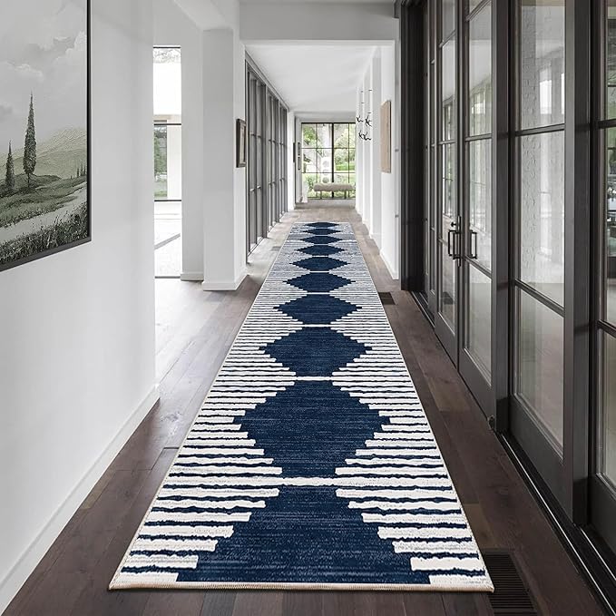 HelloTree Hallway Runner Rug,2.6x12 Moroccan Modern Stripe Carpet Washable Machine Bathroom Runner Bohemian Design Modern Soft Non Slip Indoor Rug for Entryway Hallway Laundry Room Bedroom-Blue