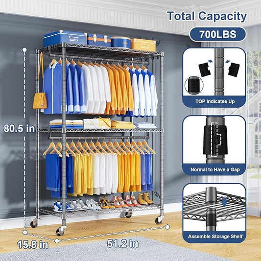 P8 Heavy Duty Clothes Rack(With Extended Width Design) Rolling Clothing Racks for Hanging Clothes,Portable Garment Rack with Lockable Wheels,51.2" W x 15.8" D x 80.5" H,Max Load 700LBS,Grey