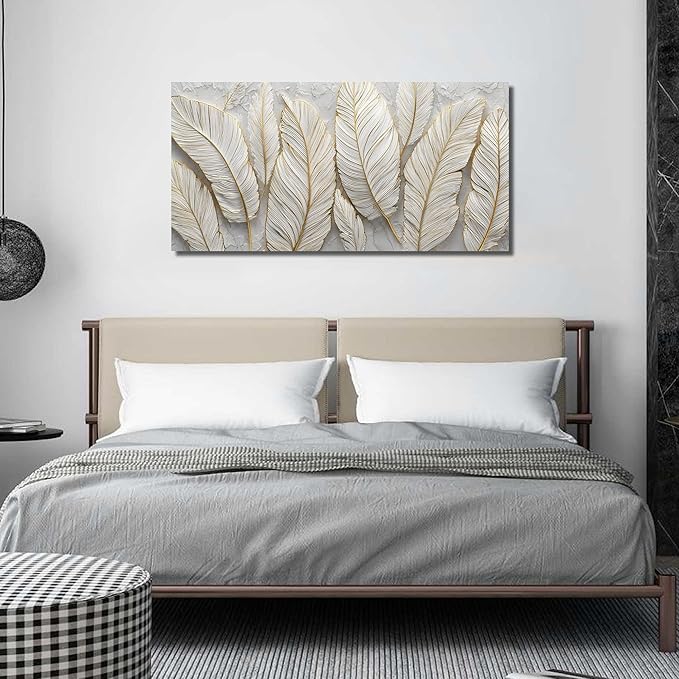 JuhaiArt Feather Canvas Art for Living Room Bedroom Home Office White Wall Picture 24" x 48" Gold Wall Decor Art Artwork Poster