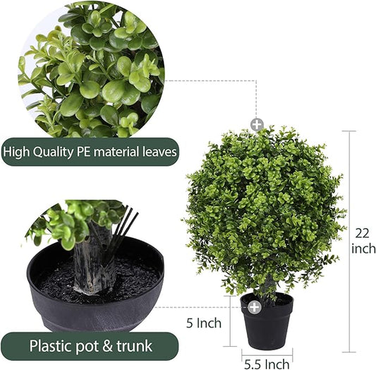Artificial Boxwood Topiary Ball Tree 22inch Fake Topiary Potted Plants for Home Office Garden Indoor Outdoor Decoration (2PACK)