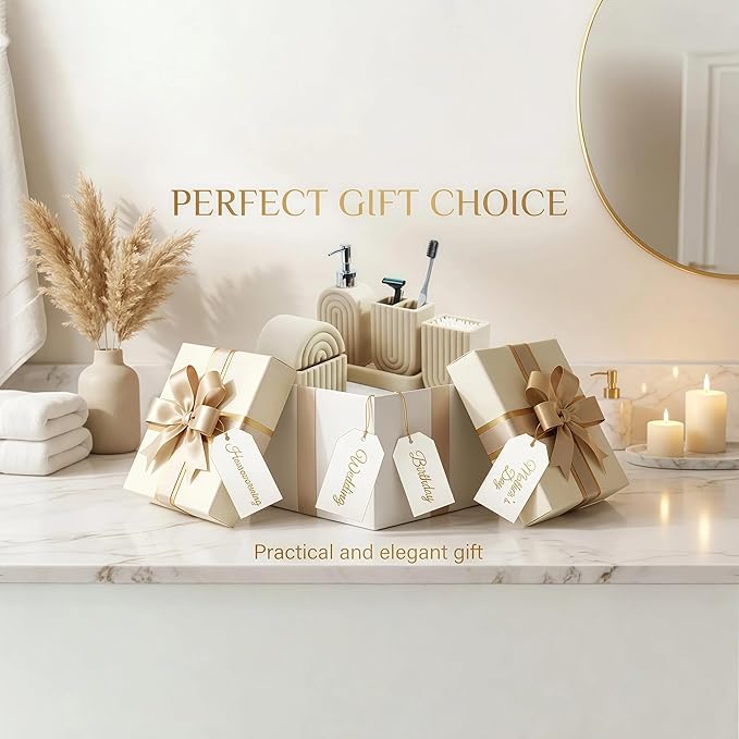 Bathroom Accessory Set, 5 Pcs Bathroom Essentials Sets Accessories, Soap Dispenser Set, Toothbrush Holder, Vanity Tray, Tumbler, Cotton Swab Jars, Bathroom Organizer for Modern Bathrooms(Beige)