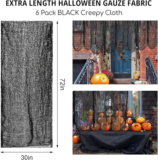 Legigo 6 Pack Balck Halloween Creepy Cloths Cheesecloths, Spooky Black Mesh Fabric Cheese Cloths for Crafts, Scary Gauze Fabric for Party Supplies Home Wall Doorway Outdoor Yard Decor
