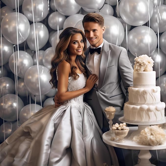 130PCS Metallic Silver Balloons, Latex Balloon Different Sizes 18/12/10/5 In, Helium Balloon with Ribbon, Party Balloon for Birthday Wedding Graduation Anniversary Baby Shower Decoration
