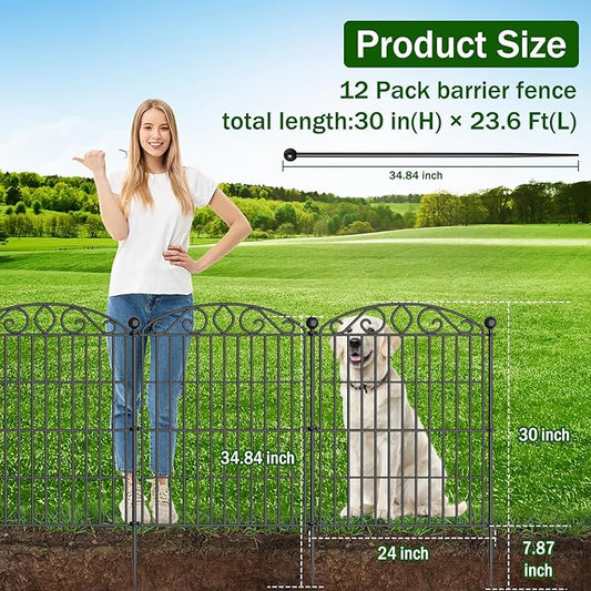 Garden Fence 12 Panel with Gate - 30in H x 23.6ft L, No Dig Rustproof Metal Tall Animal Barrier for Dogs Rabbits, Decorative Outdoor Border for Yard, Patio, and Flower Beds