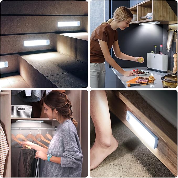 6 Pack Under Cabinet Lighting Wireless, 68 LED Rechargeable Battery Motion Sensor Light Indoor, Stick On Magnetic Closet Lights, Under Counter Lights for Kitchen, Stairs, White 16 in