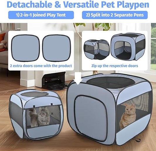 EighteenTek 2-in-1 Portable Cat Playpen, Detachable into 2 Separate Cages with Additional 2 Doors, Pop up Pet Play Pen Cat Tent House, Foldable Puppy Enclosure Kitten Crates Indoors Outdoor(Grey)