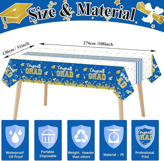 chiazllta Set of 3 Graduation Tablecloths Class of 2025 Congrats Grad Blue Graduation Party Tablecover Decorations Party Supplies Large Size Plastic 54"x108"(Blue & Gold)