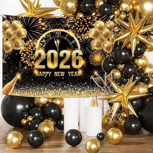 MEHOFOND 8x6ft Black and Gold 2026 Happy New Year Backdrop Cheers to 2026 New Year Eve Glitter Photography Background Hello 2026 Party Champagne Balloon Fireworks Decor Banner Cake Smash Photo Props
