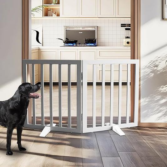 Dog Gate Indoor, Freestanding Dog Fence for The House, Doorways, Hallways,or Stairs,Pet Gate Foldable Wooden,Expandable 24" Height 2 Panels,Grey