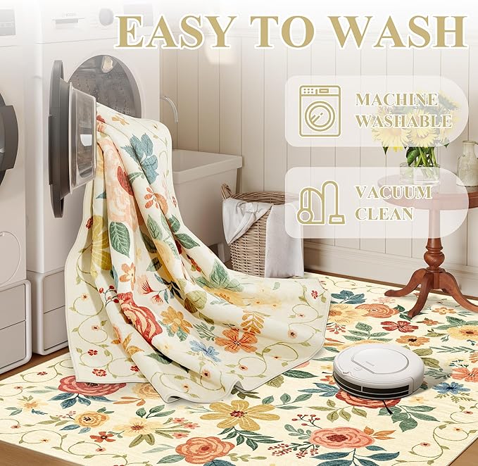 DUKINO Runner Rug, 2.6x8 Kitchen Rug for Hallway with Non Slip Backing, Washable Low Pile Soft Boho Floral Runner Carpet for Hallway, Kitchen, Entryway, Laundry, Bedroom, Beige Yellow