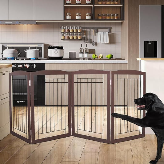 ZJSF Freestanding Foldable Dog Gate for House Extra Wide Wooden Brown Puppy Gate Stairs Dog Gates Doorways Tall Pet Gate 32 "Height 4 Panels Pet Fence