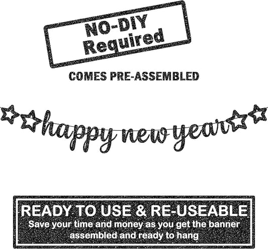 KatchOn, Glitter Happy New Year Banner Black - 10 Feet, No DIY | Black Happy New Year Sign | New Years Eve Party Supplies 2026 | New Years Banner, NYE Decorations 2026