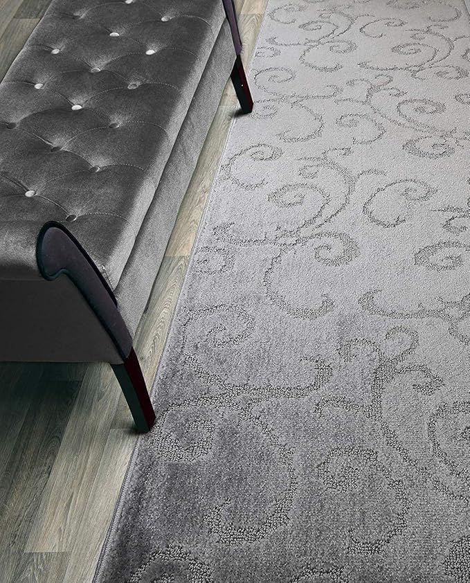 Custom Cut Hallway Runner Rug, Slip Resistant, 31 Inch Wide X Your Choice of Length, Scroll Grey, 31 Inch X 22 feet