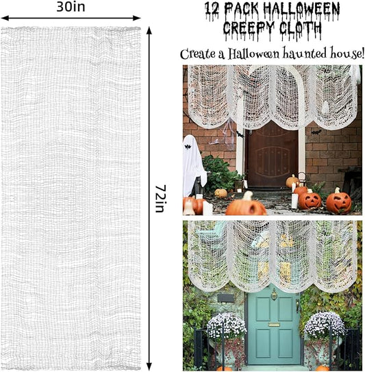 Legigo 12 Pack White Halloween Creepy Cloths Cheesecloths, Spooky Black Mesh Fabric Cheese Cloths for Crafts, Scary Gauze Fabric for Party Supplies Home Wall Doorway Outdoor Yard Decor