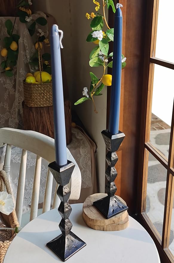 Antique Iron Taper Candle Holders - Set of 2 Decorative Candlesticks, Black Finish Candle Stand for Weddings, Dining, and Parties (Black, Square)