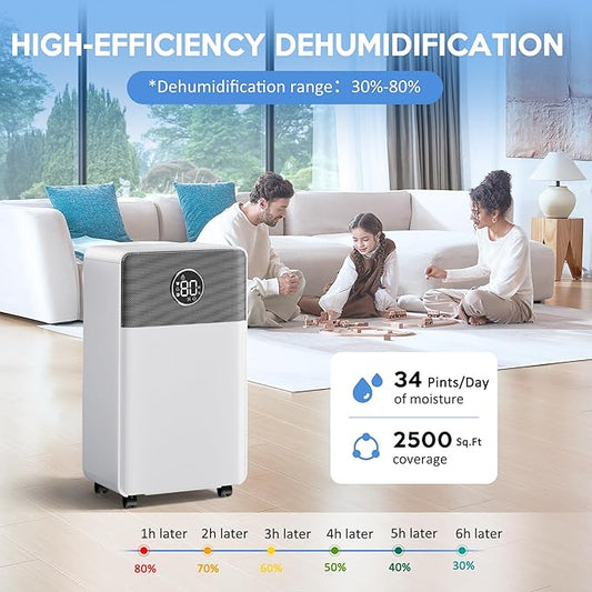 2500 Sq.Ft Dehumidifier with Drain Hose for Basement and Home Large Bedroom Bathroom, 35 Pints Dehumidifiers with Auto Shut Off, Intelligent Humidity Control, Auto Defrost, 3 Modes, 24HR Timer