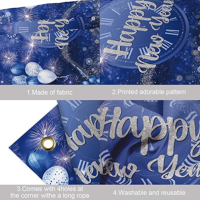 MEHOFOND Happy New Year Backdrop Blue 2026 New Year Eve Party Decorations Banner Supplies Shining Champagne Balloons Firework Photography Background New Years Eve Photo Studio Props 6 x 3.6 ft