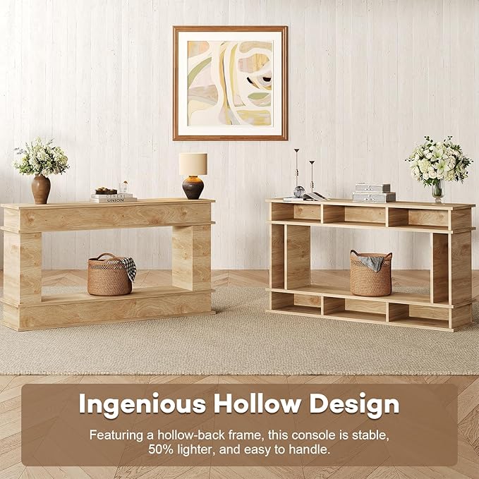 63 Inches Large Console Table, 2-Tier Entryway Table, Narrow Long Sofa Table Behind Couch, Bamboo-like Design, Heavy Duty Base, Farmhouse Wood Accent Decor for Living Room, Hallway, Foyer (Natural)
