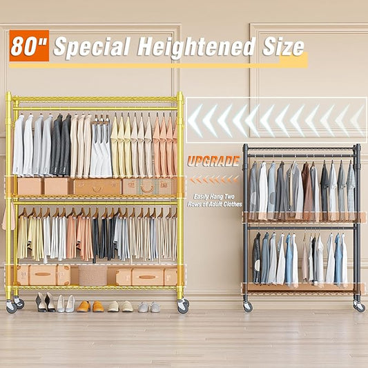 Homdox Rolling Garment Rack with Adjustable Wire Storage Racks, Heavy Duty Portable Closet for Hanging Clothes, Freestanding Closet Wardrobe Metal Clothing Rack, Gold
