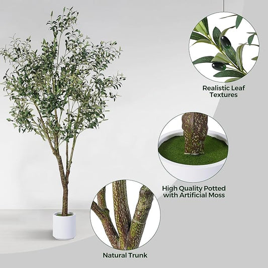 Artificial Olive Tree 7FT, Indoor Fake Silk Plant with Realistic Trunk, Leaves, Fruits and White Planter, Faux Potted Tree for Home Decor and Housewarming Gift, 2 Pack