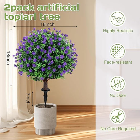 Artificial Purple Flower Topiary Ball Tree 25" with Ground Spike, Set of 2 Artificial Boxwood Bushes for Faux Shrubs, Fake Evergreen Faux Plant for Indoor Outdoor Garden -UV Resistant–Fade-Proof